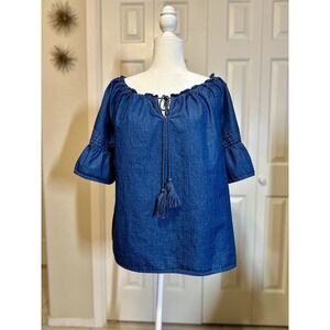 Women's 100% Cotton Top Off‎ the Shoulder Denim Peasant Boho Flare Sleeves L